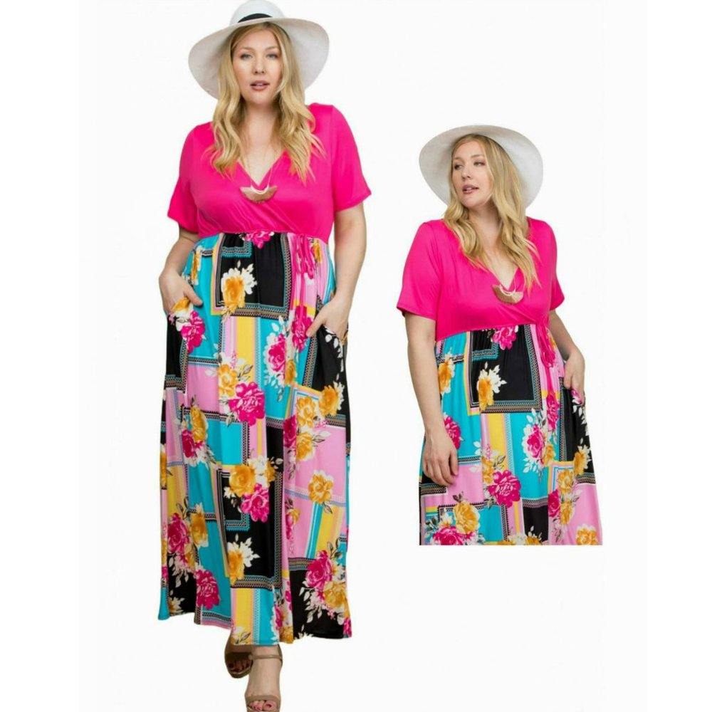 Emerald USA made Plus Size Floral Panel Empire Waist Maxi Dress 1X,2X,3X